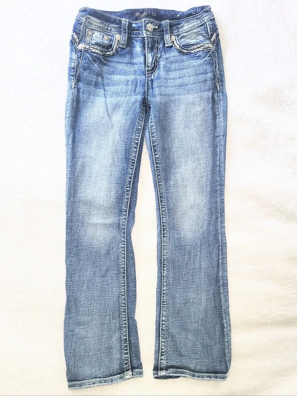 NWOT Miss Me Y2K Style Low Rise Boot Cut Selvedge Premium Denim Jeans Size 26 - Picture 5 of 16